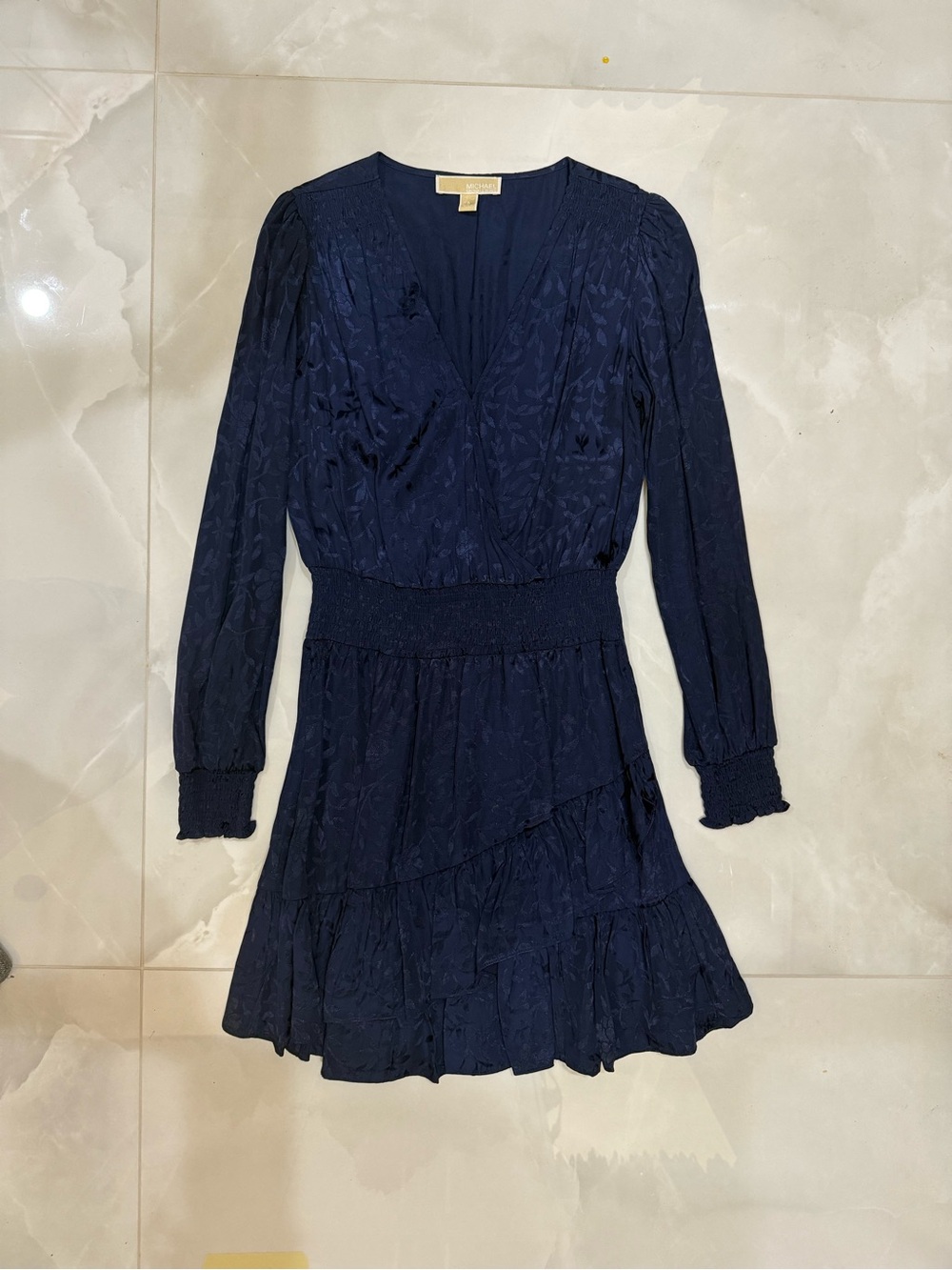 Michael Kors Navy Long Sleeve V-Neck Tiered Dress